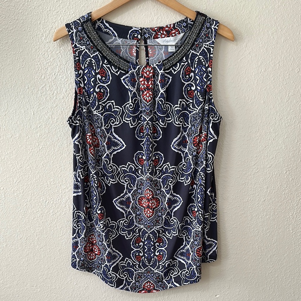 Blue and White Sleeveless Beaded Collar Blouse
